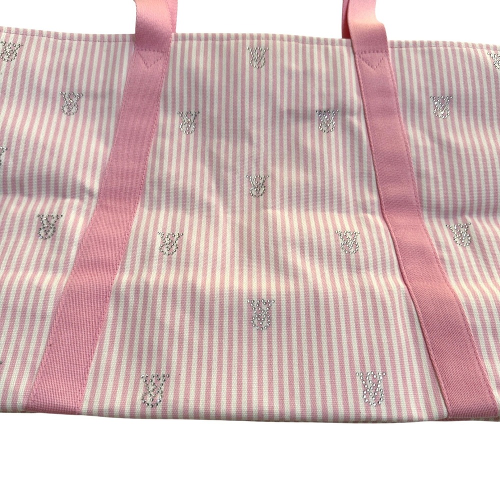 Victoria's Secret Pink Striped Canvas Tote Bag Rhinestone Accent Zip Closure - Picture 3 of 12
